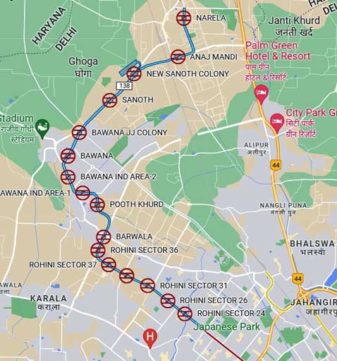 Proposed Rithala Bawana Narela Google map route